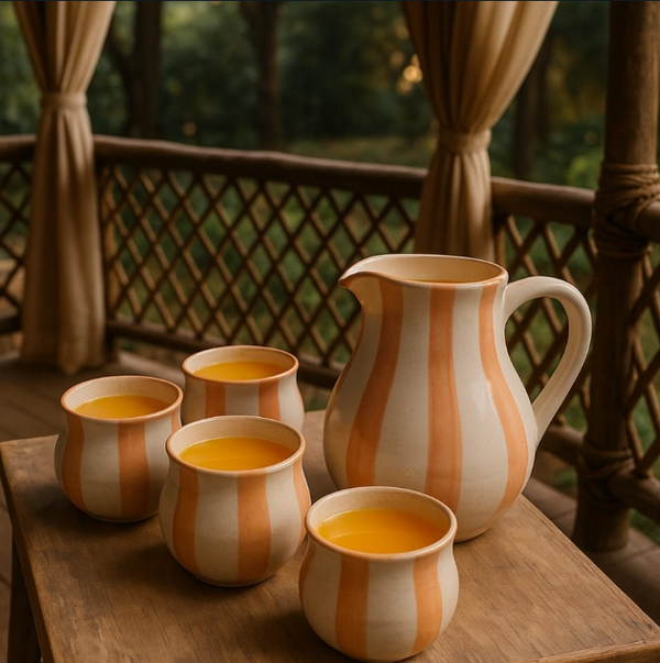 Handcrafted Ceramic Pitcher Set – Terracotta Stripe Collection